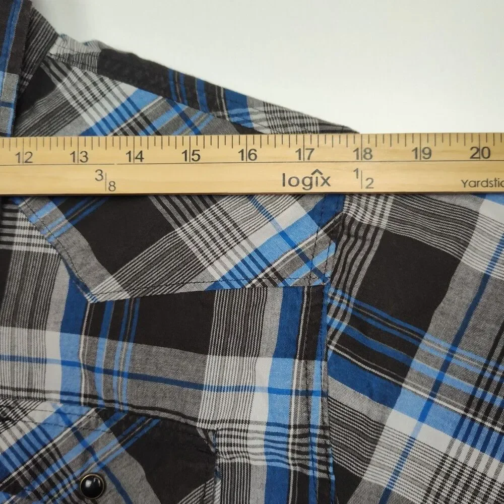 Wrangler Jeans Co. Pearl Snap-Up Shirt Men's L Blue/Brown Plaid Long Sleeves - Picture 3 of 8